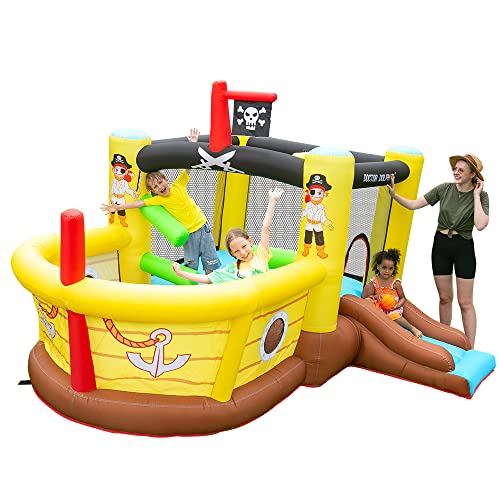 Doctor Dolphin Bounce House Inflatable Slide with Obstacles - Blower - Pirate Ship Theme - Ball Pit - Basketball Hoop, Inflatable Bouncers for Toddlers Bouncy House Kids Outdoor or Indoor, Wet and Dry